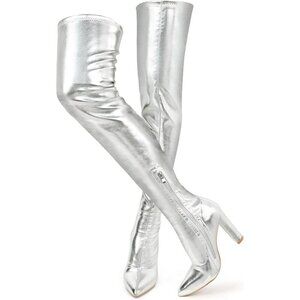 Women Silver Chunky Heel Over The Knee Patent Leather PU Stretchy Tall Boot